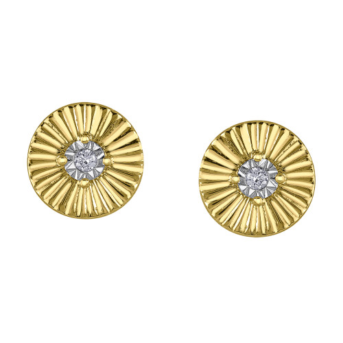 Ridged Gold Circle Illusion-Set Diamond Earrings- 0.04ct TDW