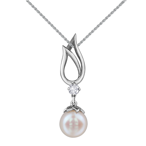 Pearl and Canadian Diamond White Gold Necklace- 0.09ct TDW