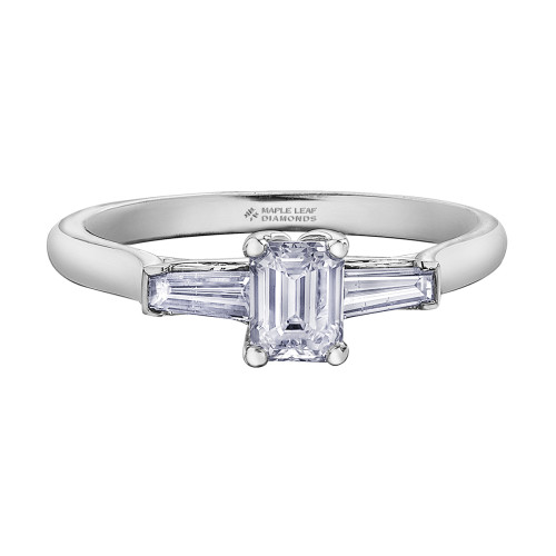 Three-Stone Emerald Cut Canadian Diamond Ring with Tapered Bagettes- .72ct TDW