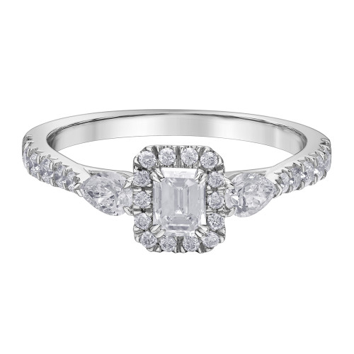 Emerald Cut Canadian Diamond Ring with Halo and Pear Shaped Side Diamonds- 1.00ct TDW