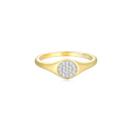 Lab-Created Diamond Pave Circle Signet Ring in 14K Yellow Gold-Plated Sterling Silver