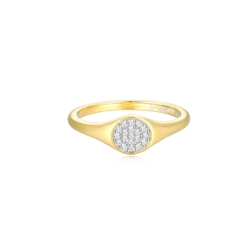 Lab-Created Diamond Pave Circle Signet Ring in 14K Yellow Gold-Plated Sterling Silver