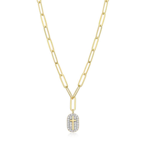 Cross Tag Pendant Lab-Created Diamond Paperclip Necklace in 18K Gold & Rhodium-Plated Sterling Silver